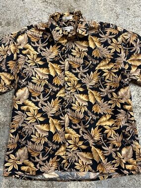 Pierre Cardin Black with Gold & Tan Leaf Print Short-Sleeve Shirt